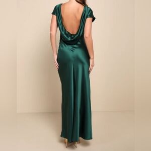 Lulus Captivating Presence Forest Green Satin Cowl Back Maxi Dress, Large